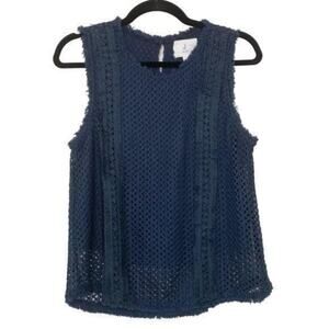 J by J.O.A. Navy Blue Crochet Raw Hem Lace Tank Large